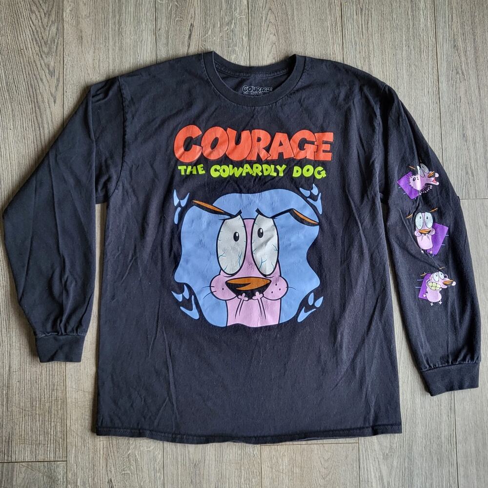Rare Find! Courage the Cowardly Dog Cartoon Network Shirt with Sleeve Graphics L